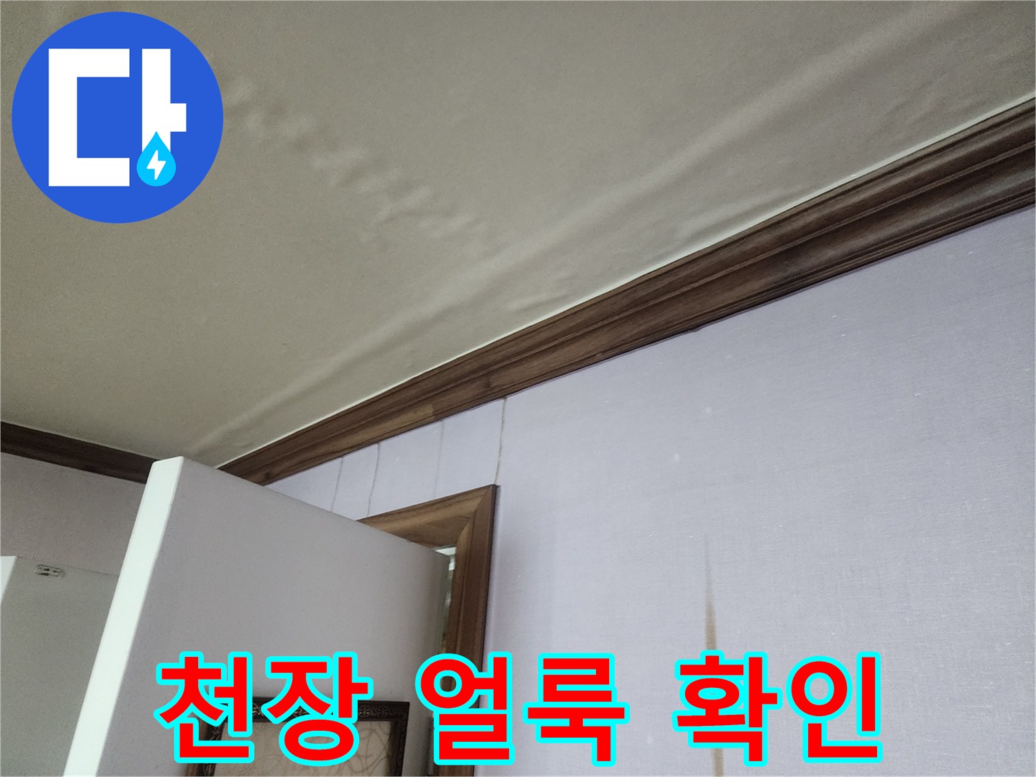 천장 몰딩 주변의 젖은 벽지와 물자국 흔적