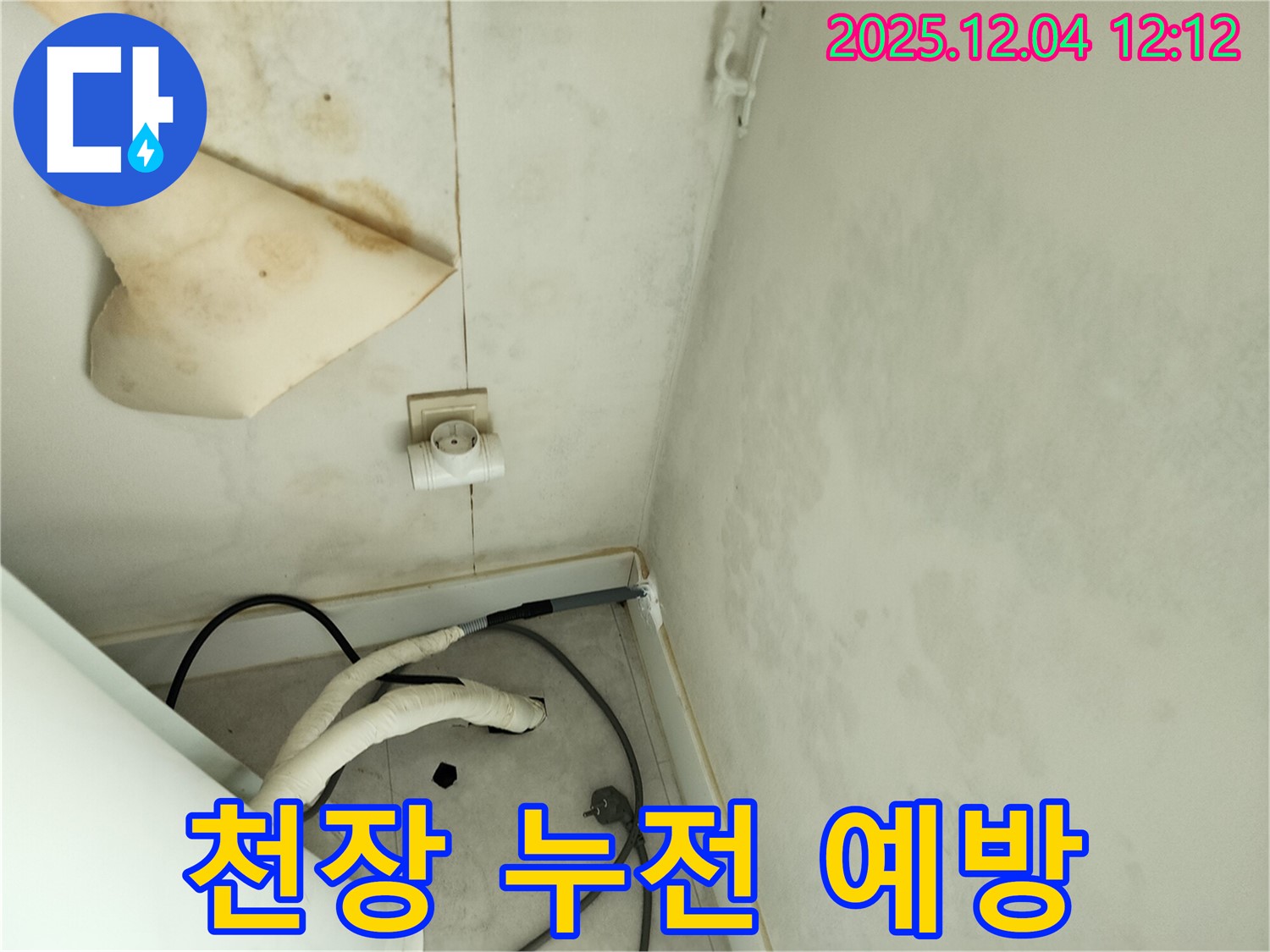 경기도 포천시 일동면 기산리 주택 누수 - 곰팡이 핀 천장과 콘센트 주변의 누전 위험을 예방하기 위한 안전 점검을 실시하고 있습니다.