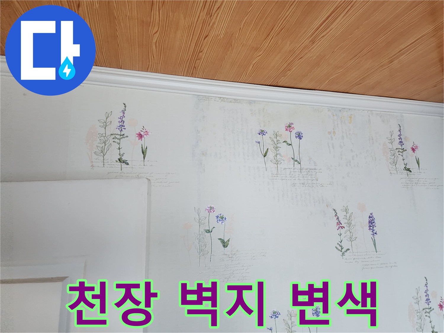 영중면 현장의 꽃무늬 벽지 얼룩 부위 - 누수 징후 확인