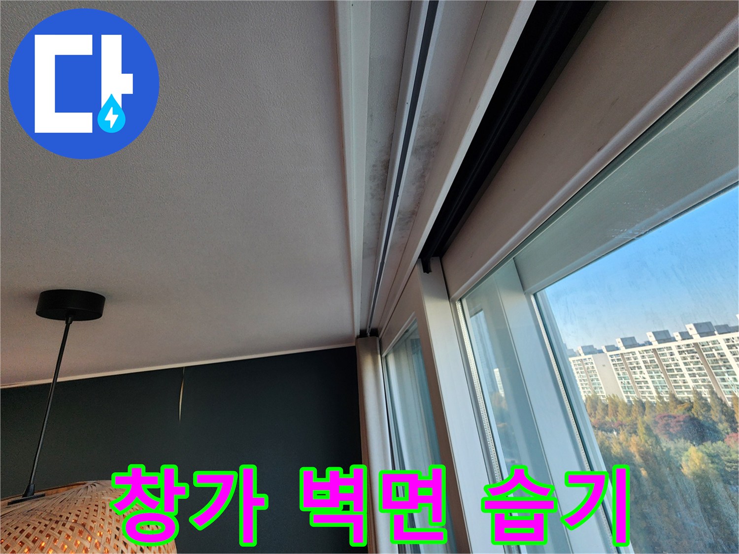 천장 몰딩과 창틀 사이의 젖은 도배지 상태 - 누수 흔적 확인 중