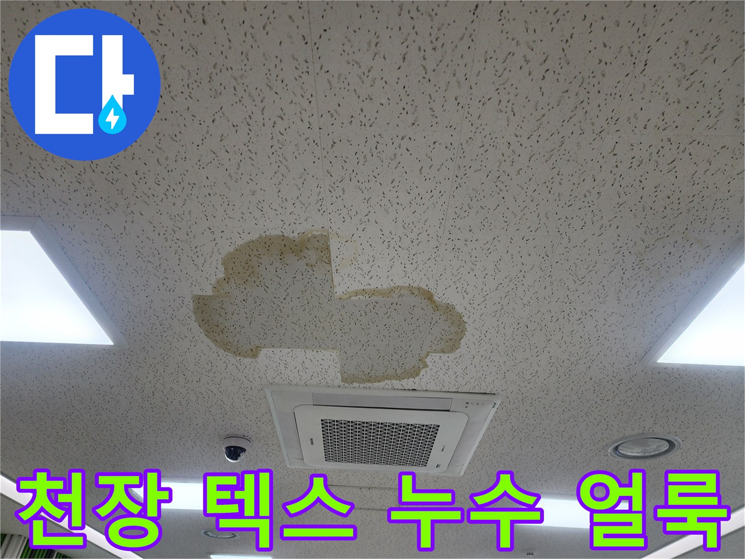 사무실 천장 텍스에 발생한 황색 누수 흔적과 물자국