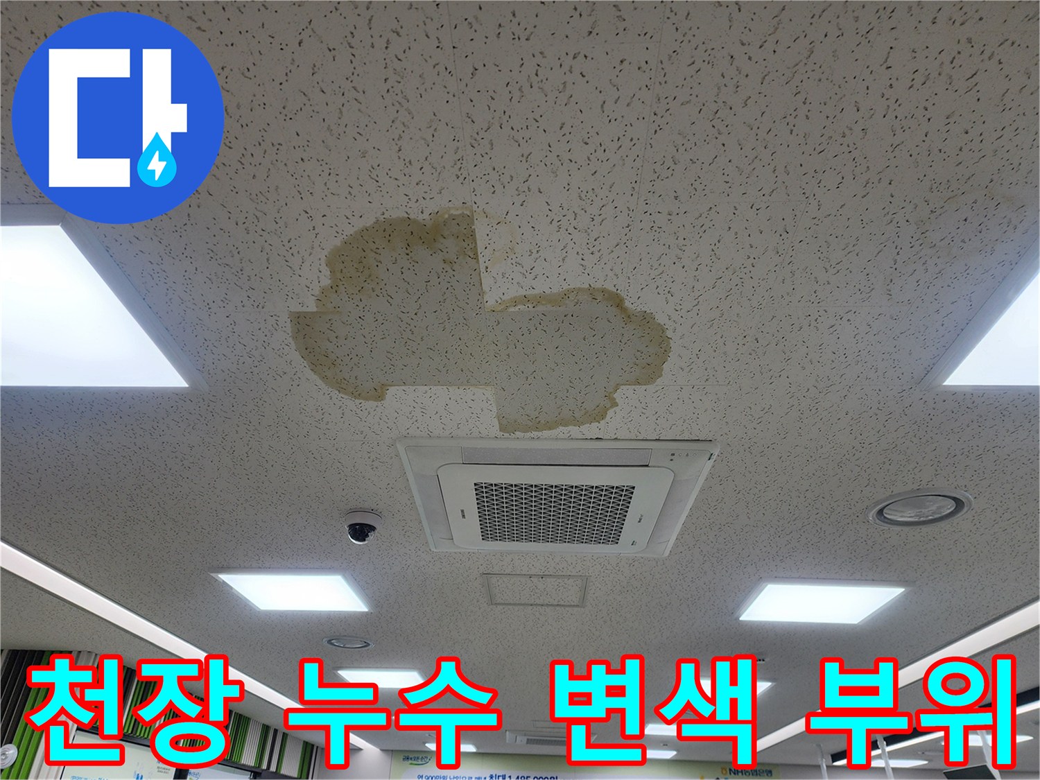 천장 텍스에 나타난 누수 유입 흔적 및 변색 상태