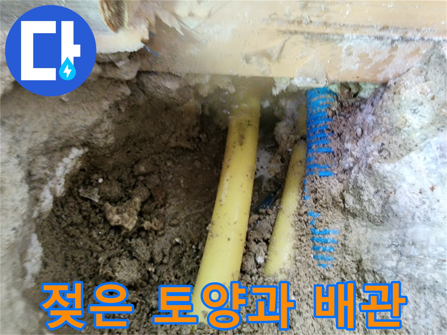 습기를 머금은 흙과 노출된 매립 배관의 모습