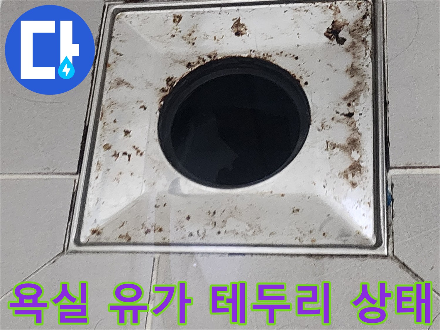 배수구 틀 주변의 타일 메지 및 오염된 이물질 상세 사진