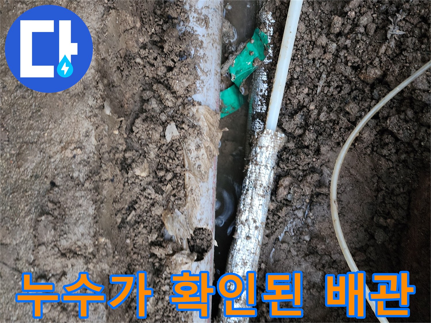 배관 주변의 젖은 흙-물샘 현상이 진행 중임을 보여줍니다.