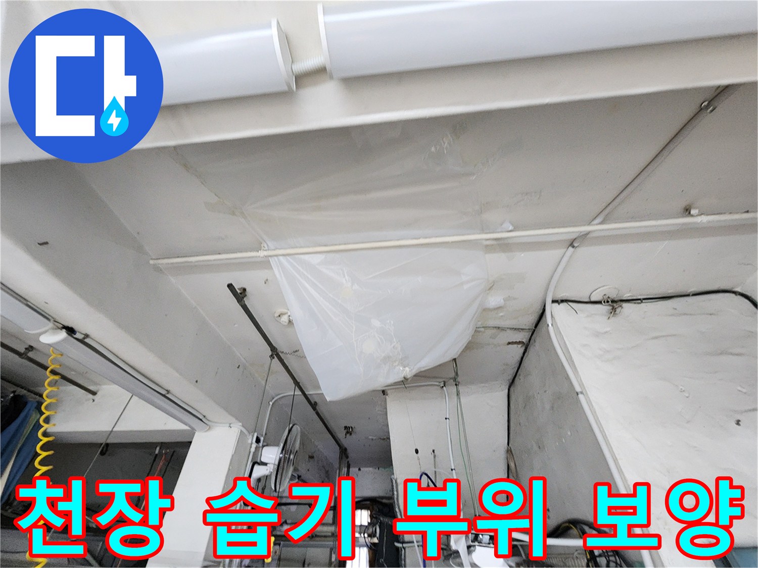 천장-습기-얼룩-부위를-덮고-있는-비닐-보양재