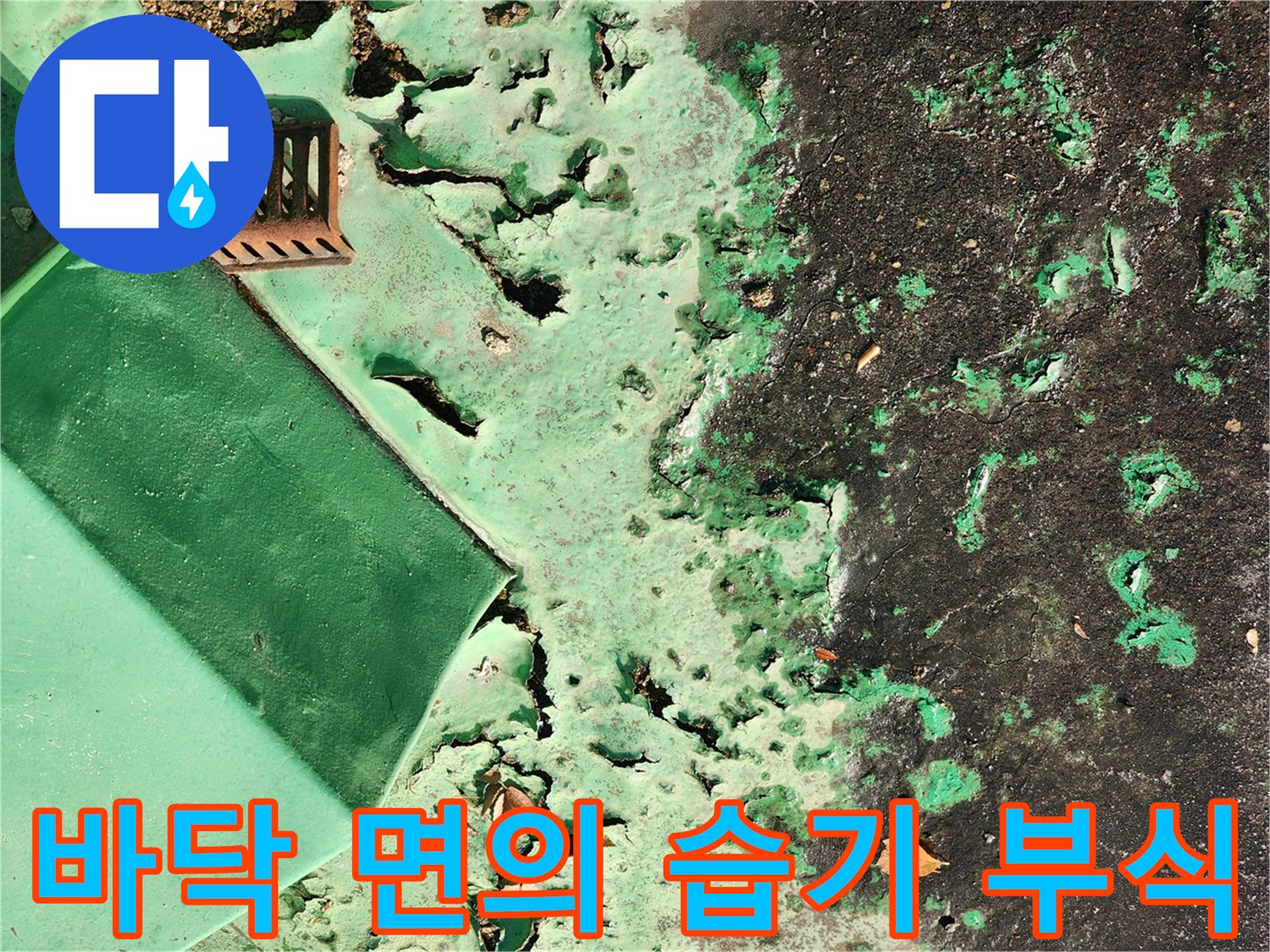 습기로 인해 갈라지고 벗겨진 바닥 마감재 상태