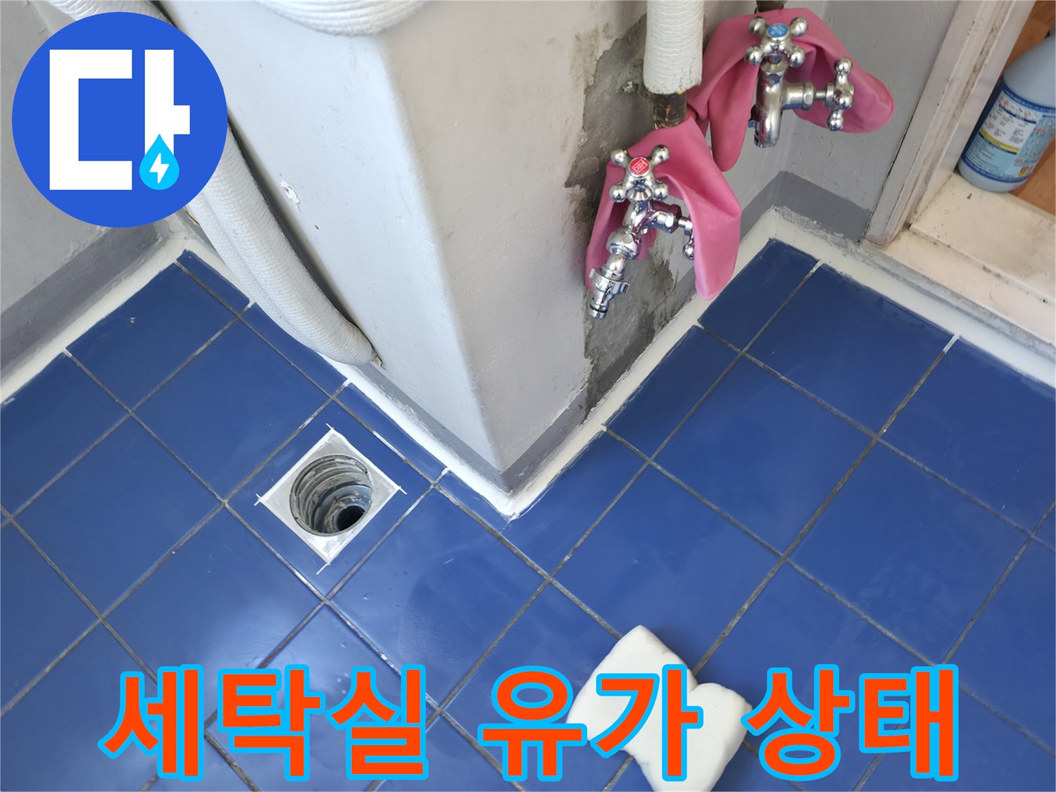 성동구 세탁실 - 파란색 타일 배수구 주변의 결함 부위