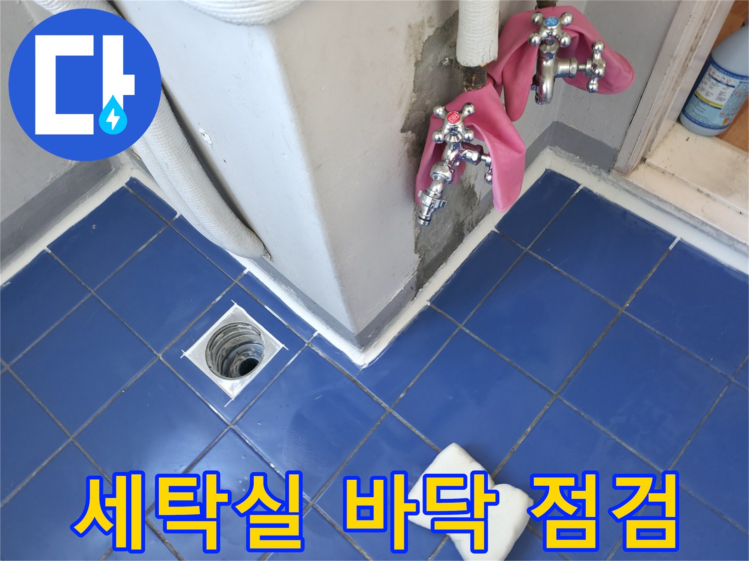 파란색 타일-배수구 주변의 배관 노출 상태 및 유가 확인