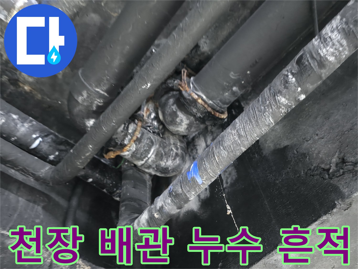 물샘 현상이 나타난 지하 천장 배관의 모습