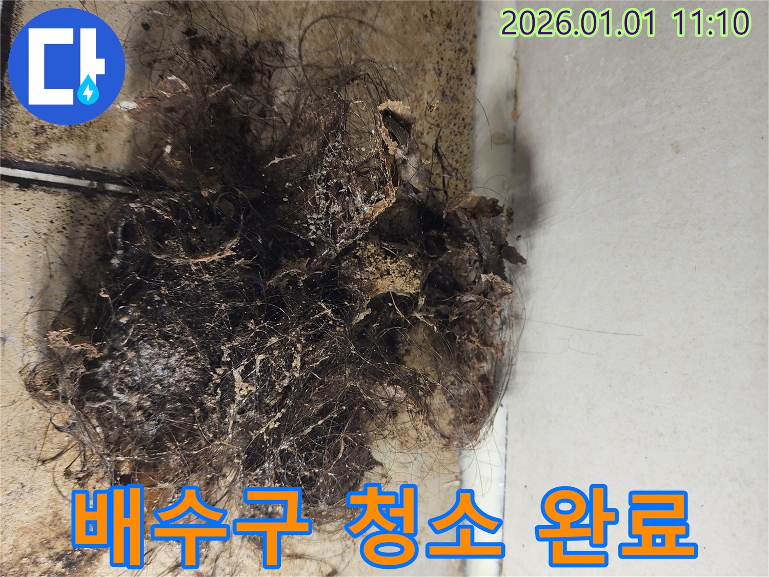배수구 청소 완료 - 머리카락 제거 후 깨끗한 배수구