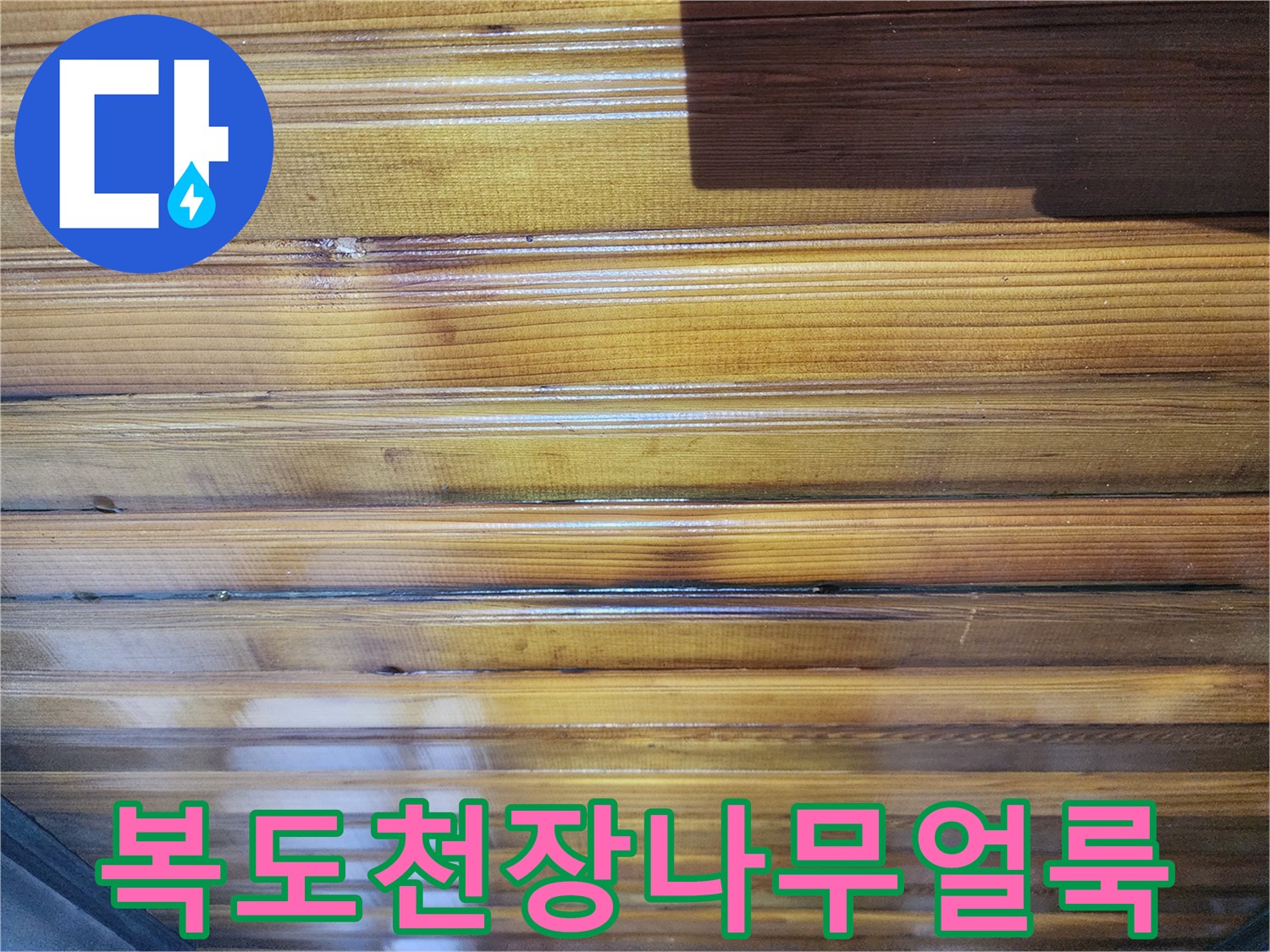 물샘-흔적이-남은-복도-천장-목재-마감재-근접-사진