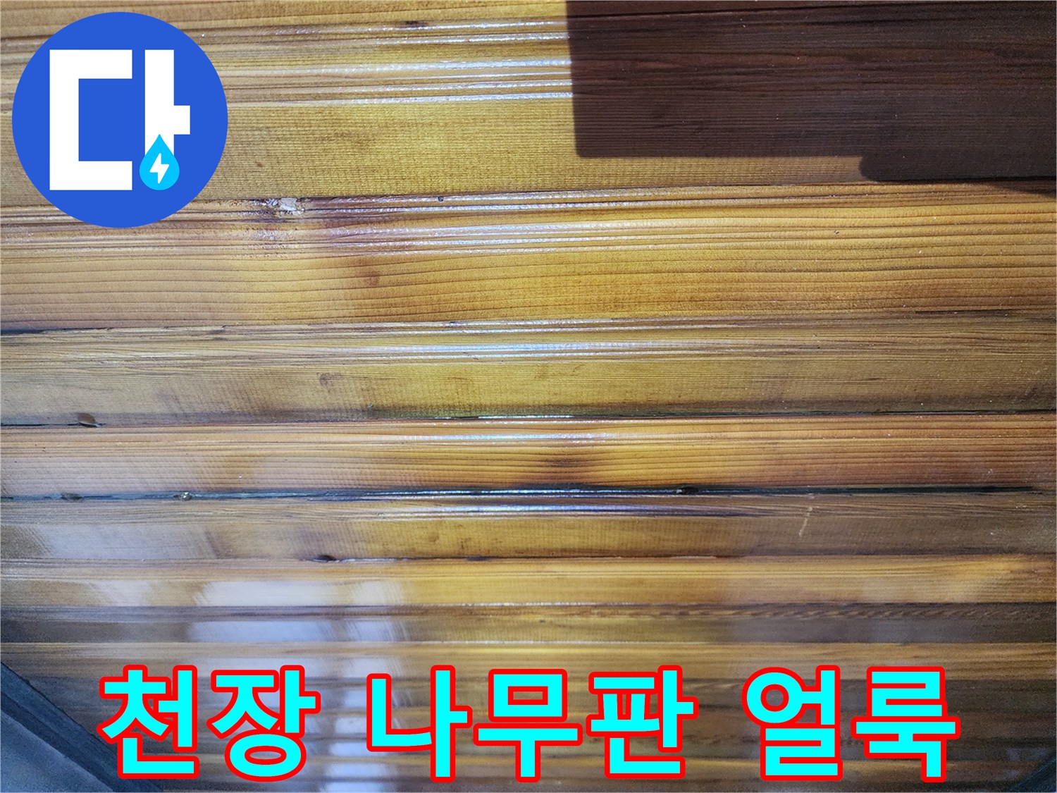 습기로 인한-나무 마감재의 어두운 변색 부위