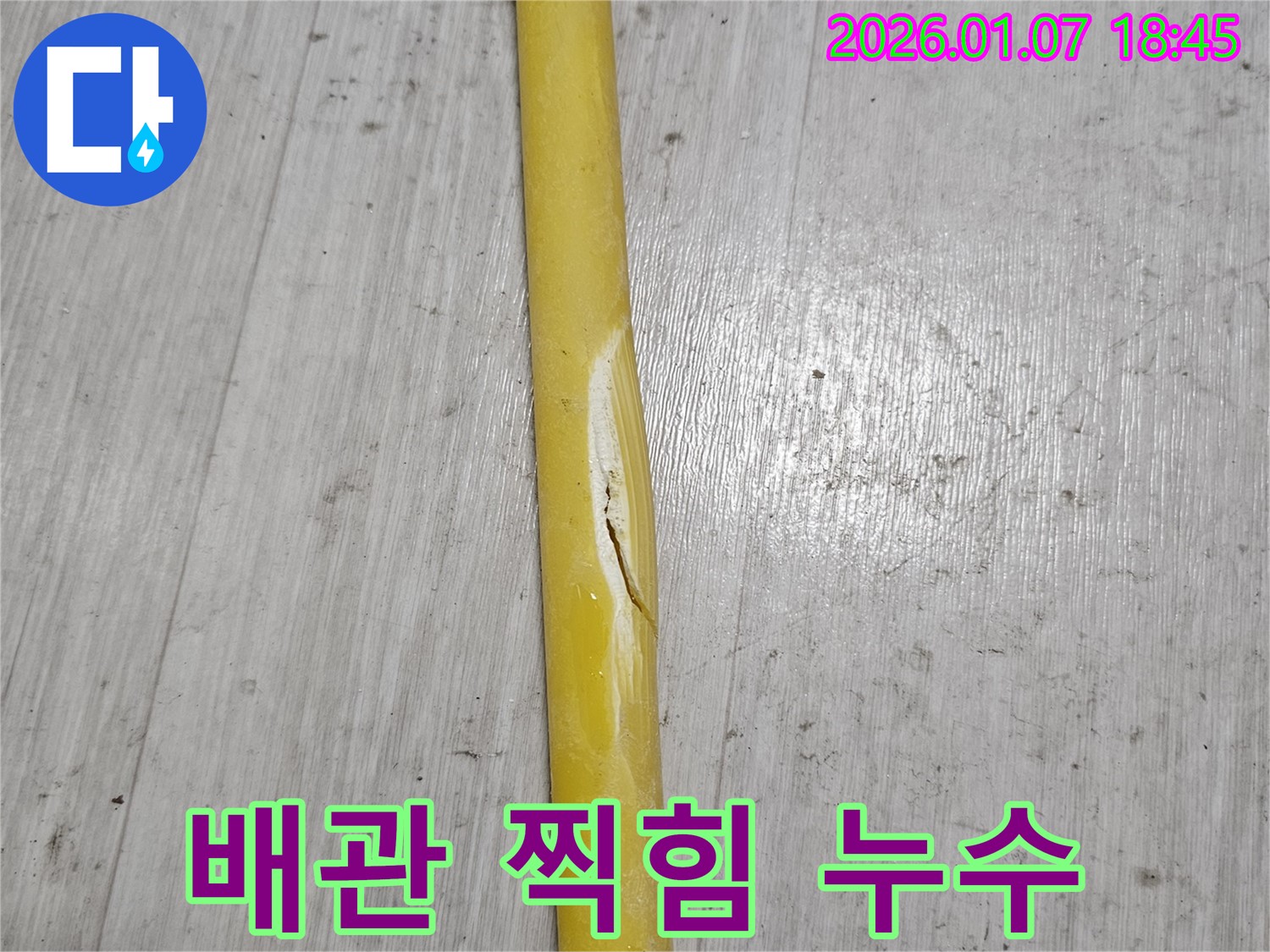 배관 찍힘 - 배관이 날카로운 물건에 찍혀 누수가 발생하고 있습니다.