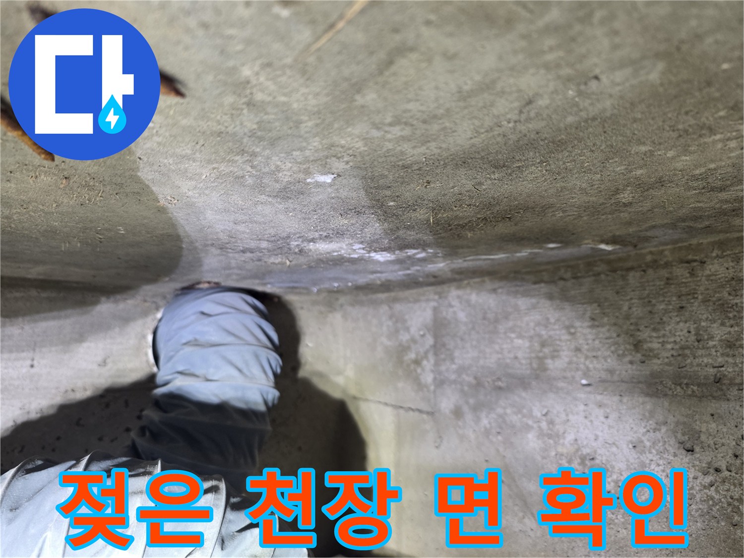 축축하게 젖어 있는-천장 내부의 콘크리트 상태입니다.