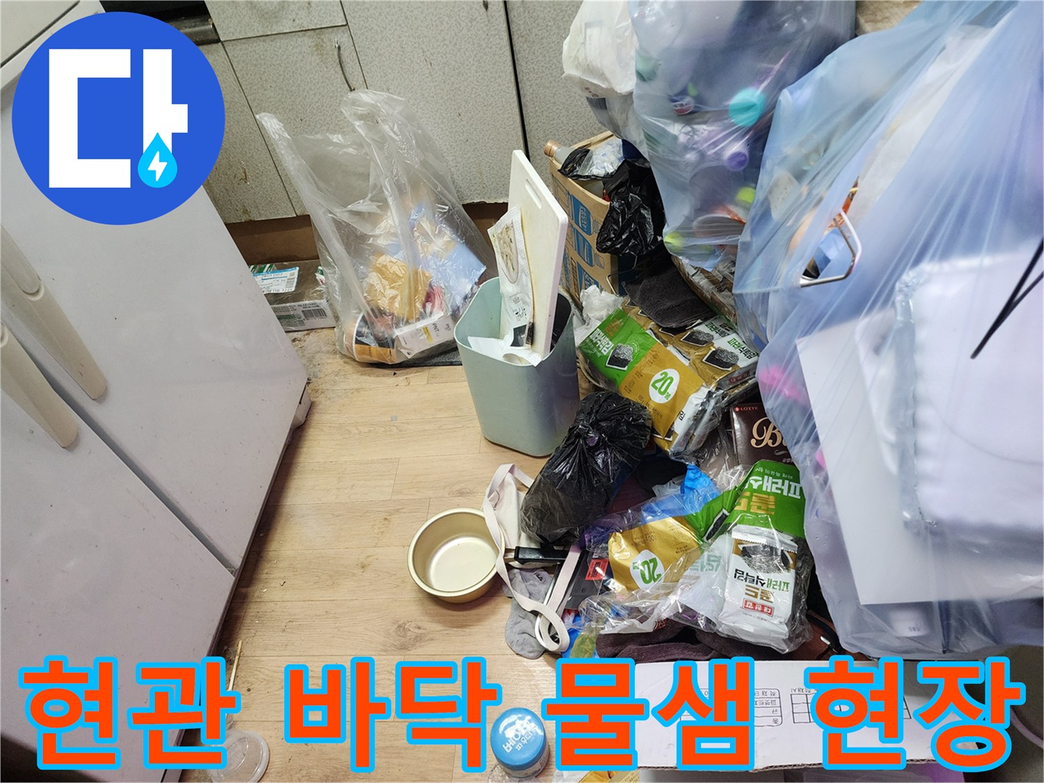 송파구 아파트-현관 장판 아래 물이 고여 있는 상태를 점검하는 모습