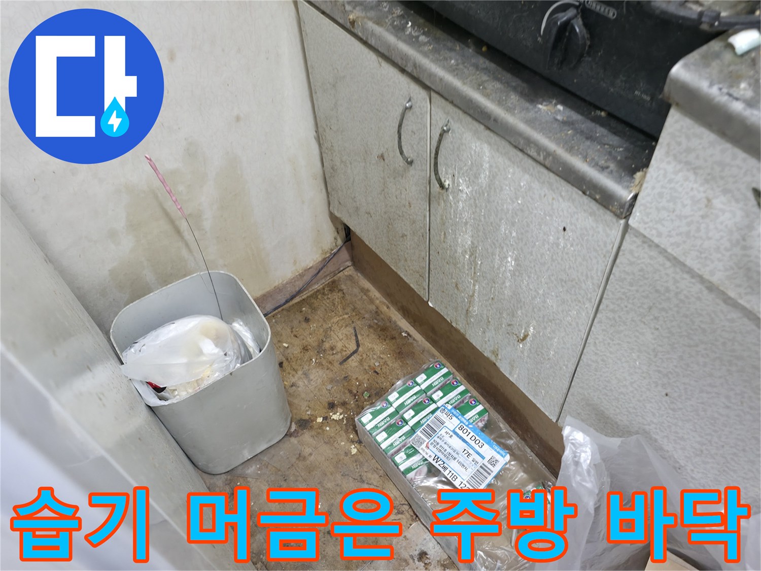 싱크대 아래 젖어 있는 바닥과 작업용 부속품들