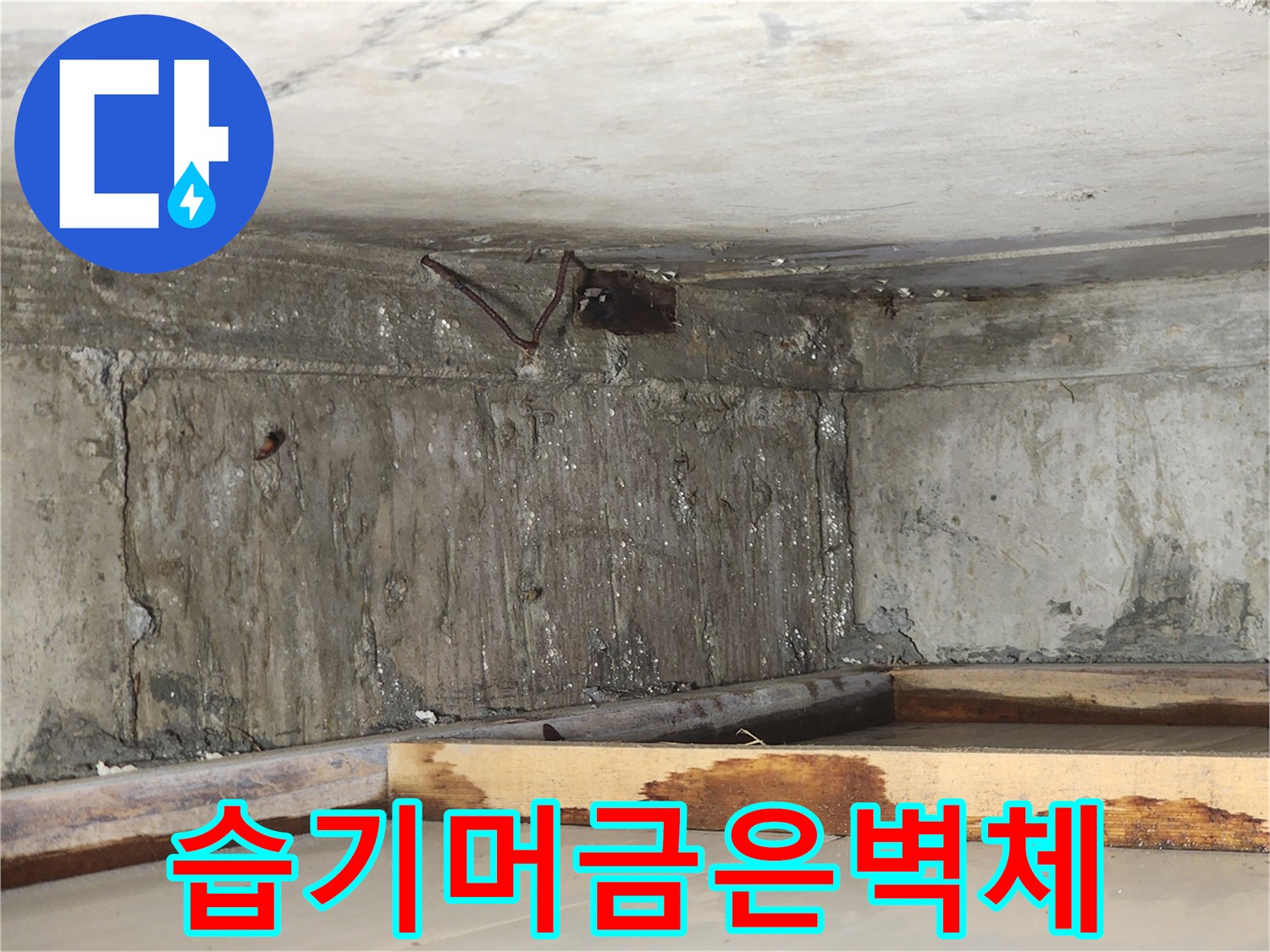 물기가 스며든-콘크리트 벽면과 하단 배관 주변 상황