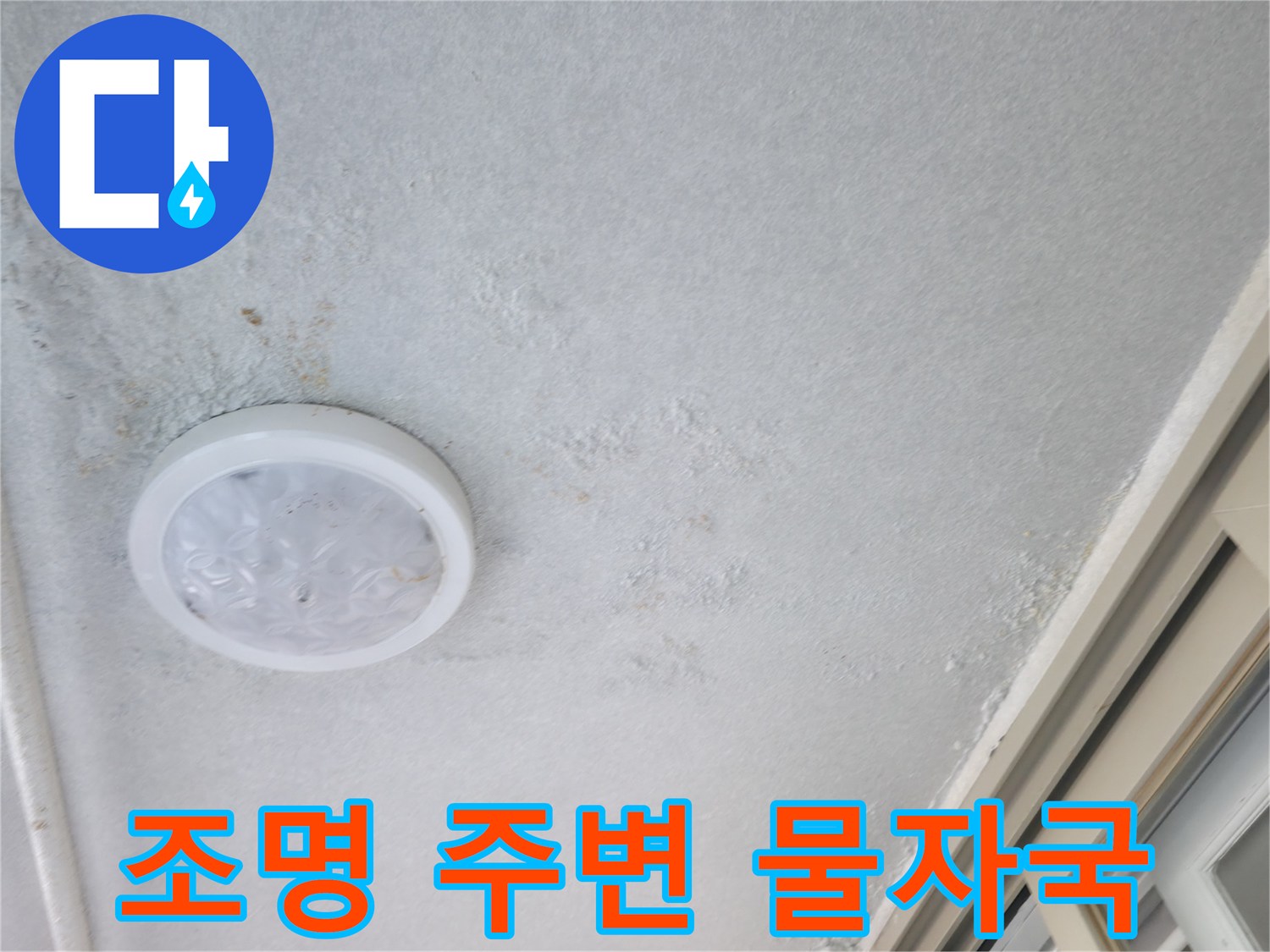 천장 조명 기구 인근의 누수 침투 흔적