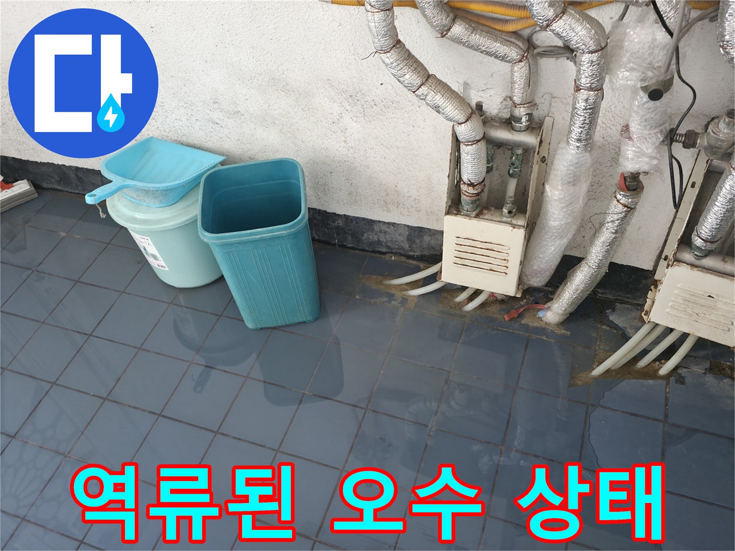 하수 배관 막힘으로 인해 타일 바닥에 역류한 오수 현장