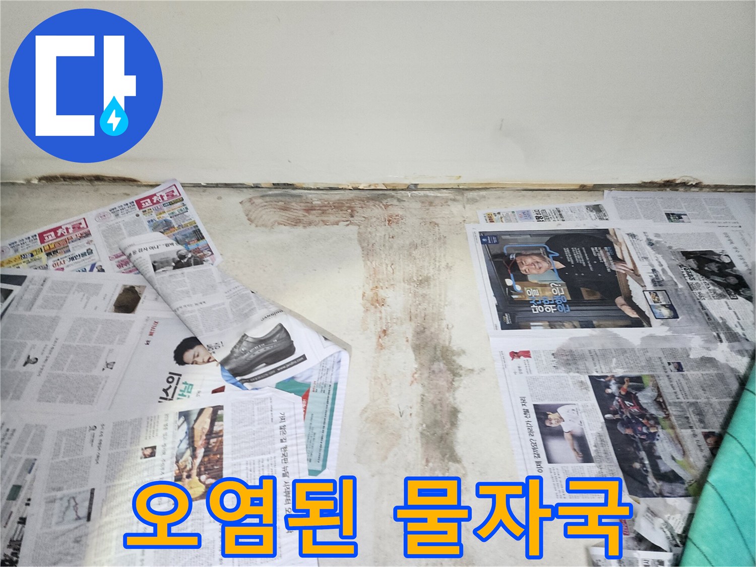 벽에 생긴 어둡고 오염된 물자국-위생 문제를 야기할 수 있습니다.