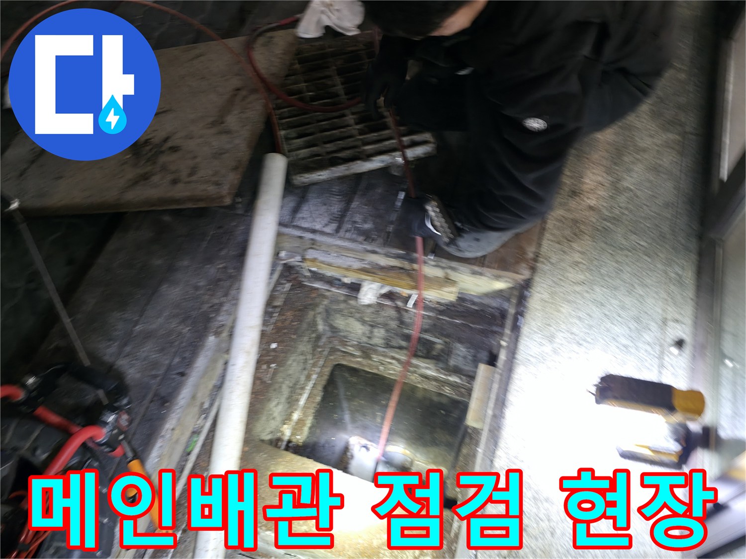 식당 배수구 역류 확인을 위한 메인 배관 주변 정밀 점검 모습
