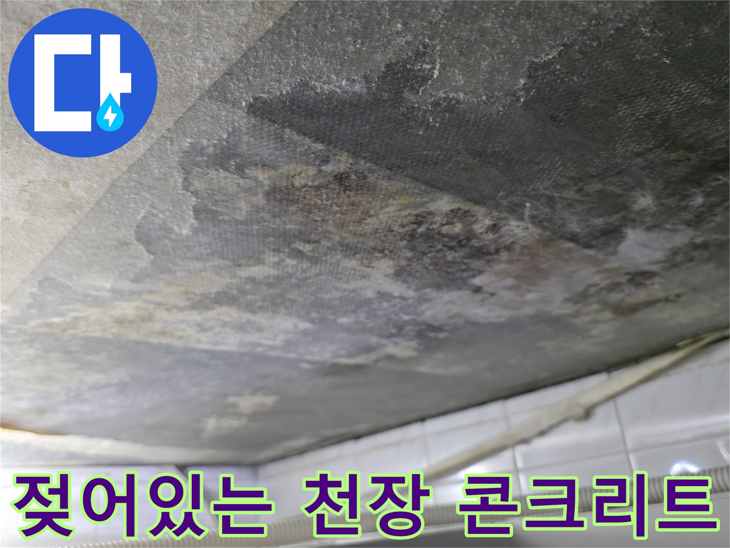 습기로 인해 검게 변색되고 부식된 천장 콘크리트 표면