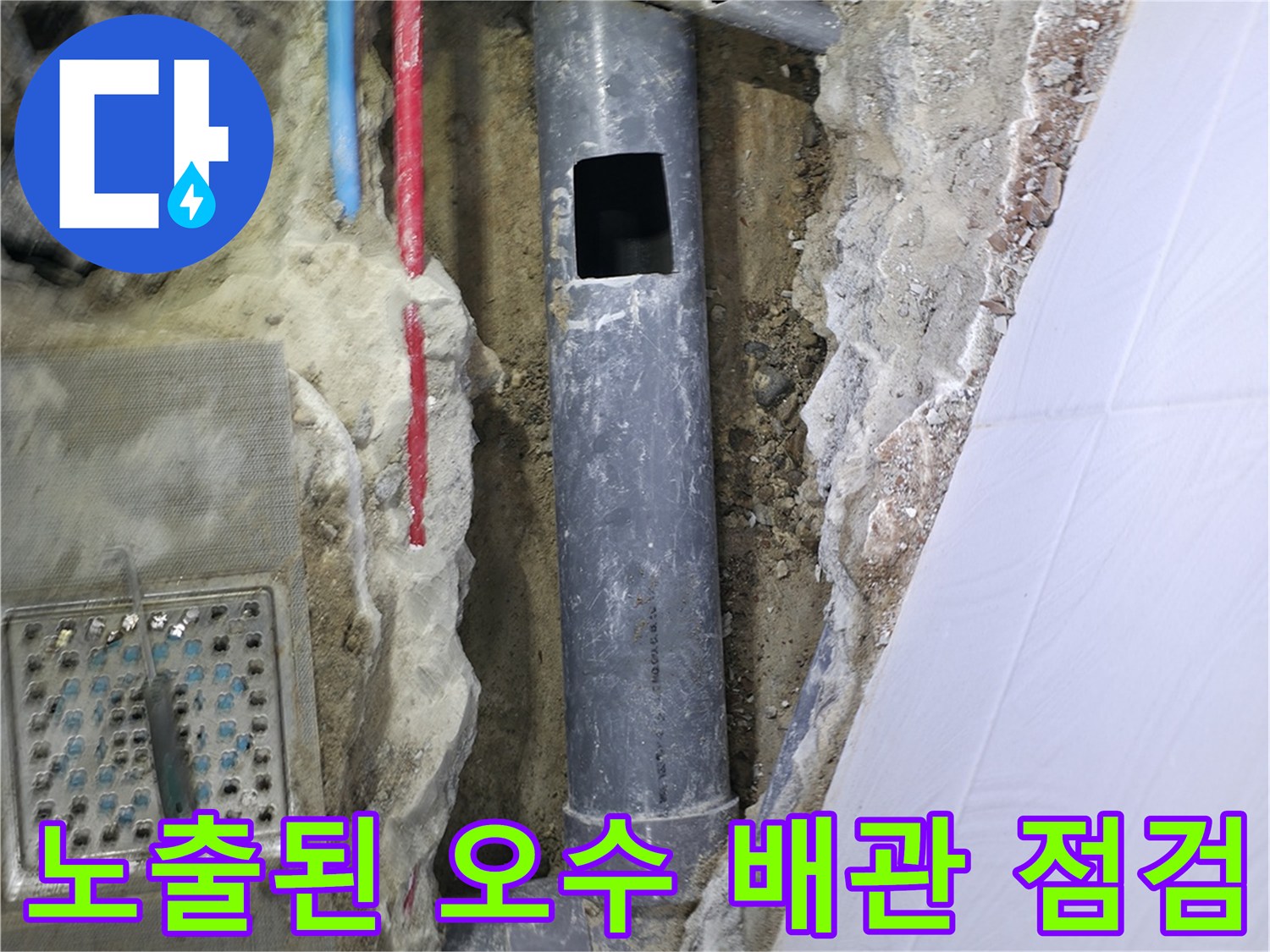 굴착 후 노출된 회색 오수 배관과 파손 부위 확인 모습