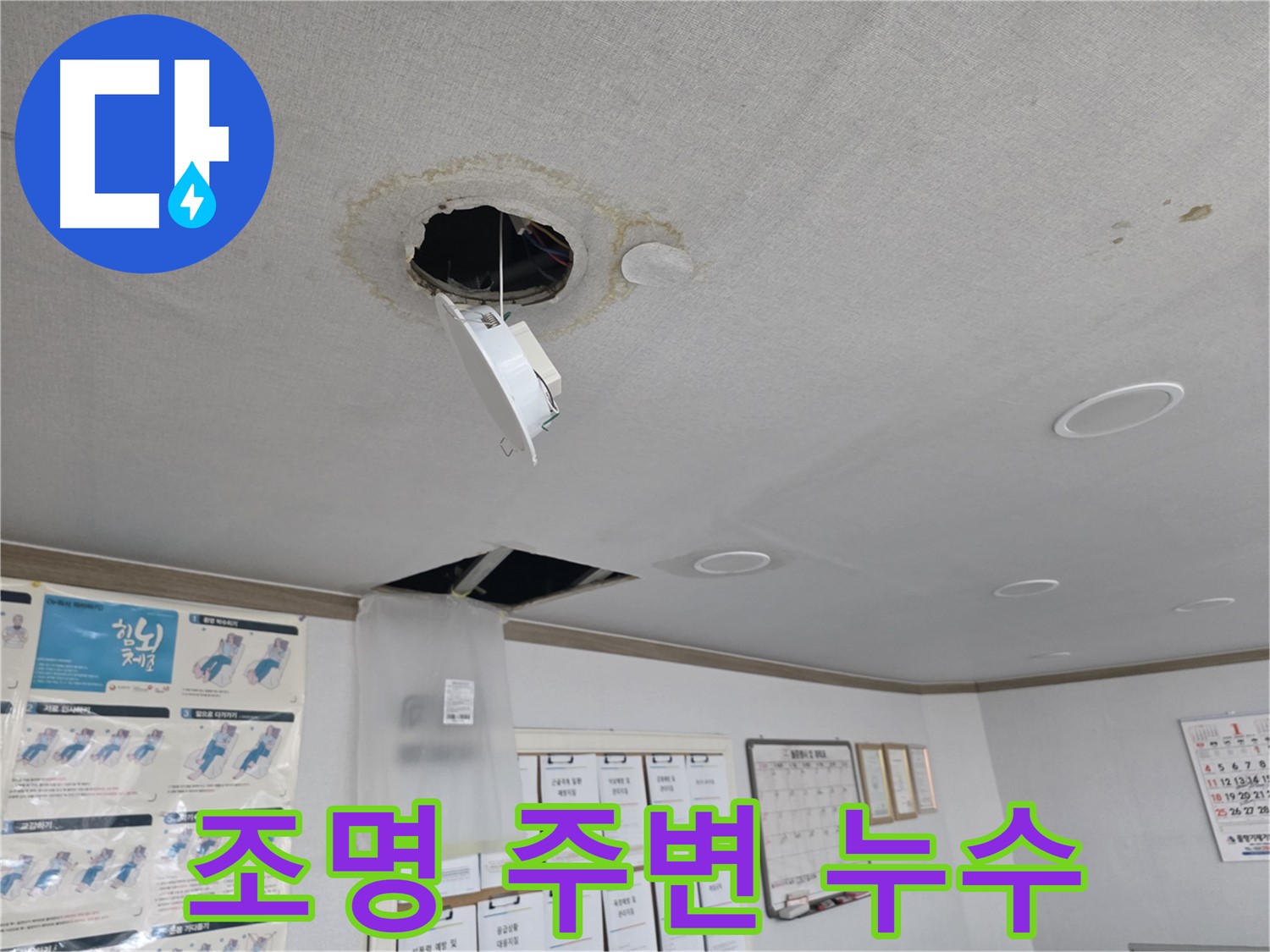 목동 건물 천장 조명 주변 누수 - 조명 주변으로 번진 누수 자국, 전기 안전 문제 발생 가능성