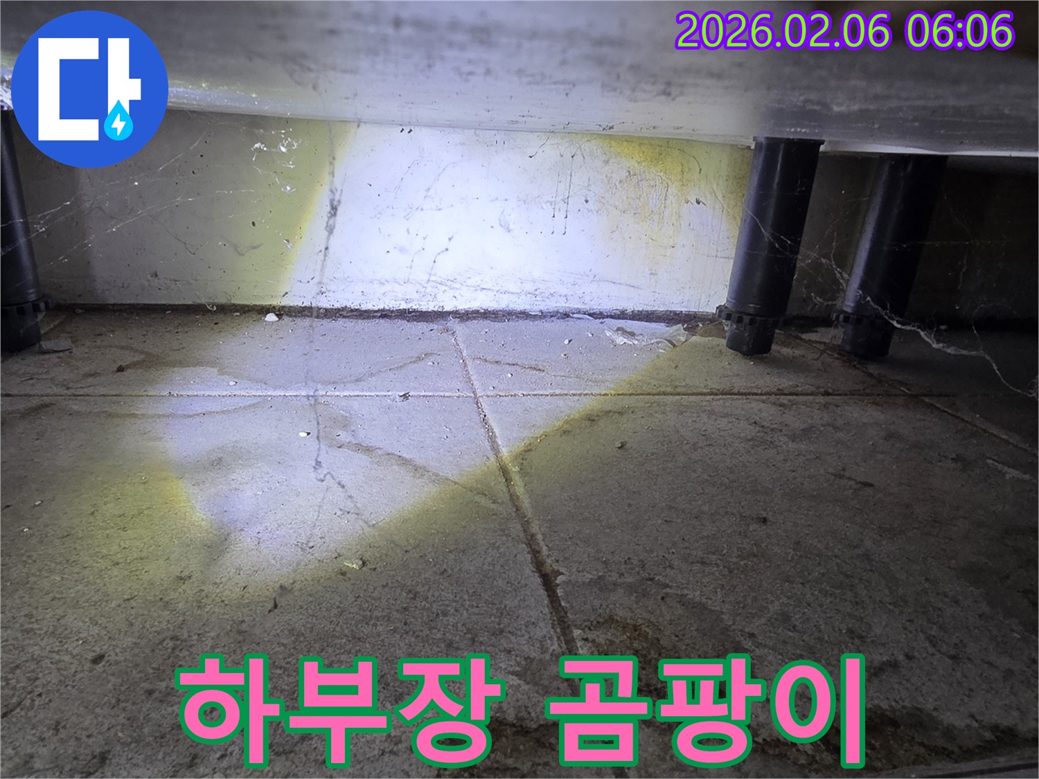 싱크대 하부장 타일에 곰팡이가 핀 모습 - 누수 해결과 곰팡이 제거가 필요합니다