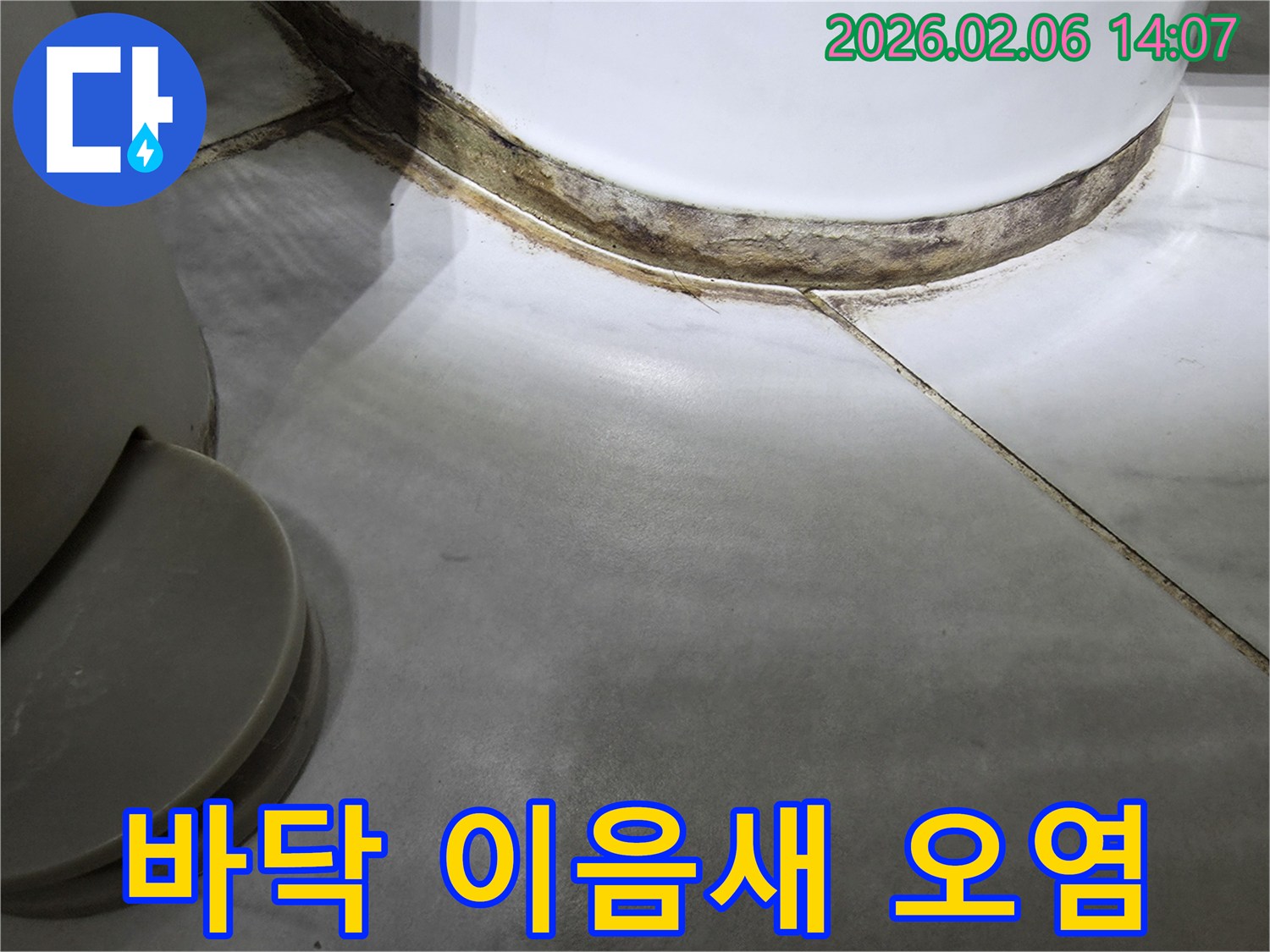 바닥-이음새-부분에-발생한-물-고임과-오염-현상을-보여주는-사진