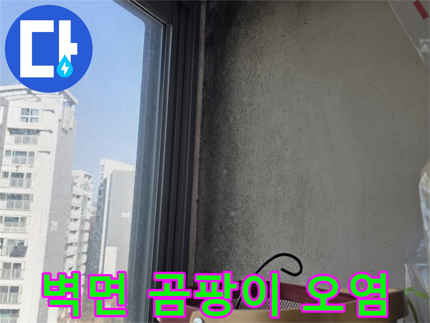 창문 상단 벽지-검은색 곰팡이 흔적