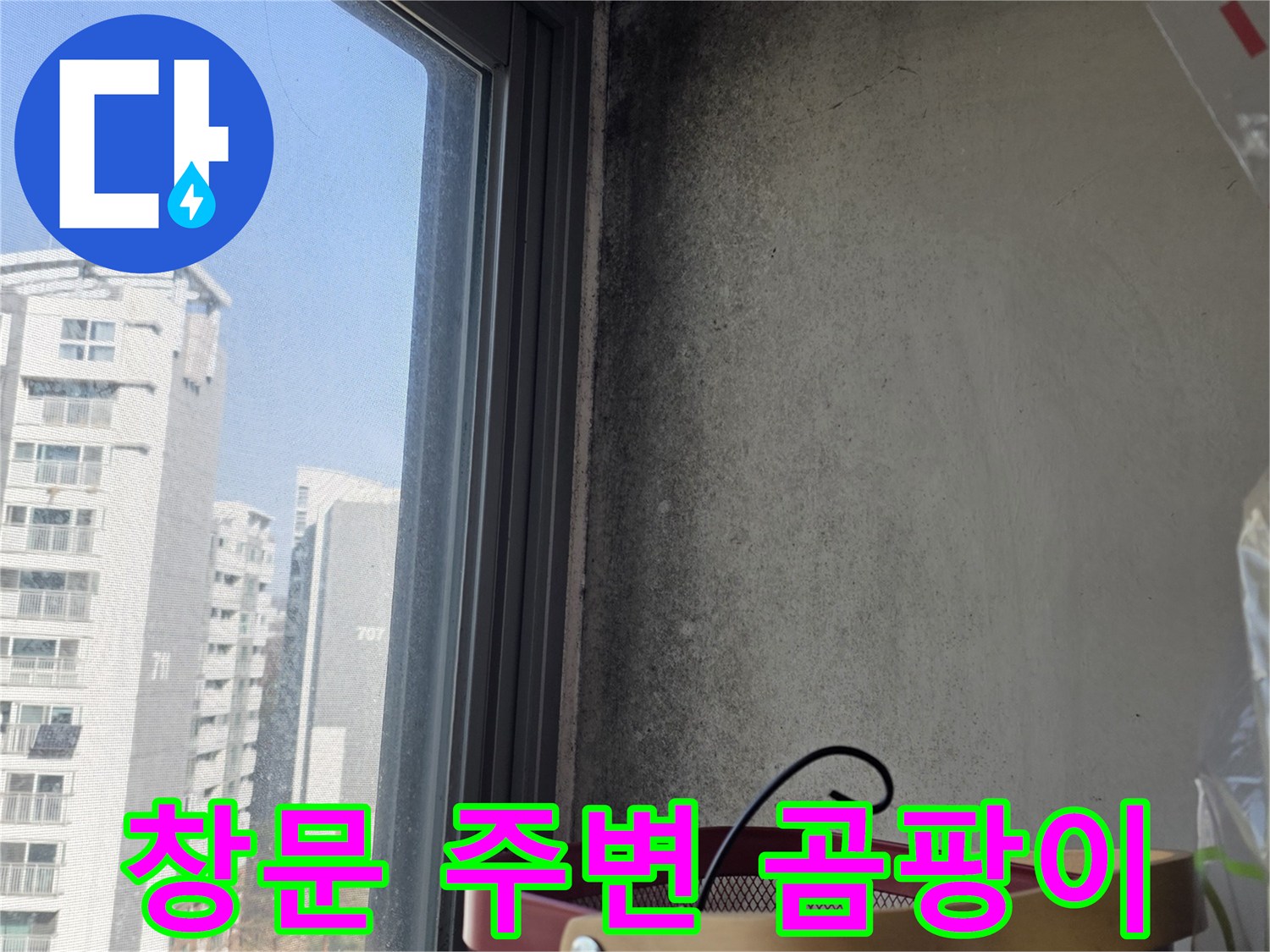 창틀 상단 구석-곰팡이가 발생한 벽면