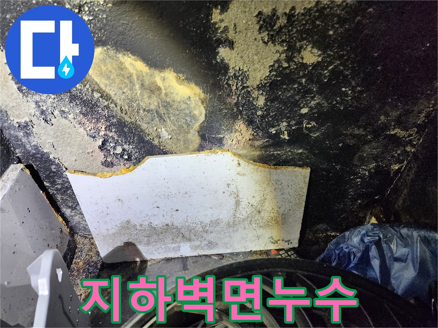 습기가 침투하여 변색된 벽 하단 부위