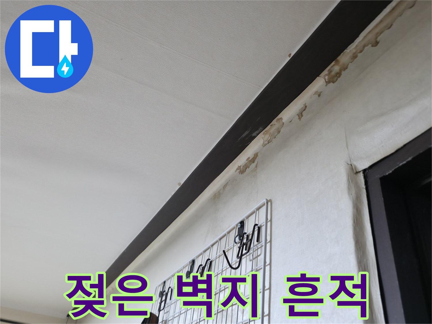 천장 경계 부근의 짙은 습기 얼룩