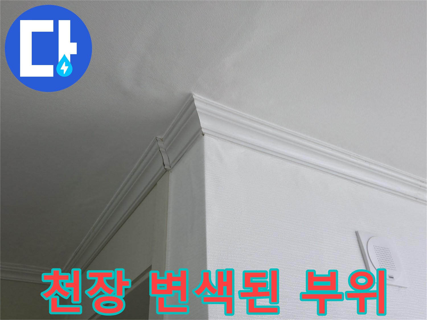 천장 도배지 표면에 나타난 누수로 인한 변색 현상