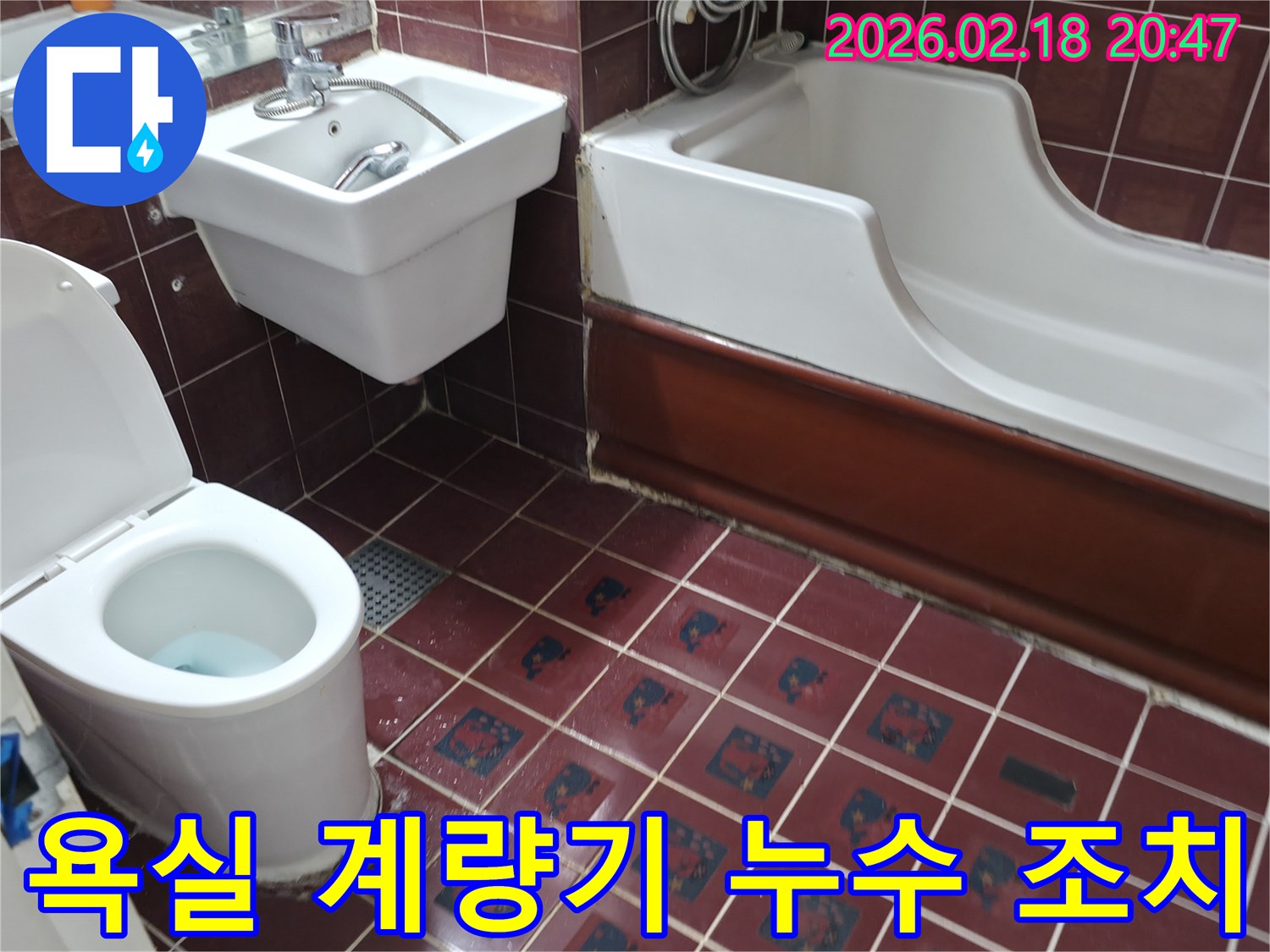 욕실 바닥 타일과 변기-욕조 주변에 물기가 고여있는 모습으로-누수 전문가가 계량기 누수 가능성을 확인하고 조치하는 현장