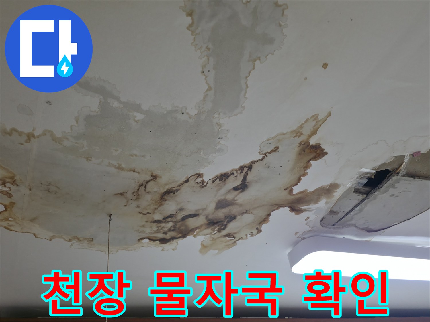 누수로 인해 넓게 퍼진 천장 얼룩과 습기 흔적