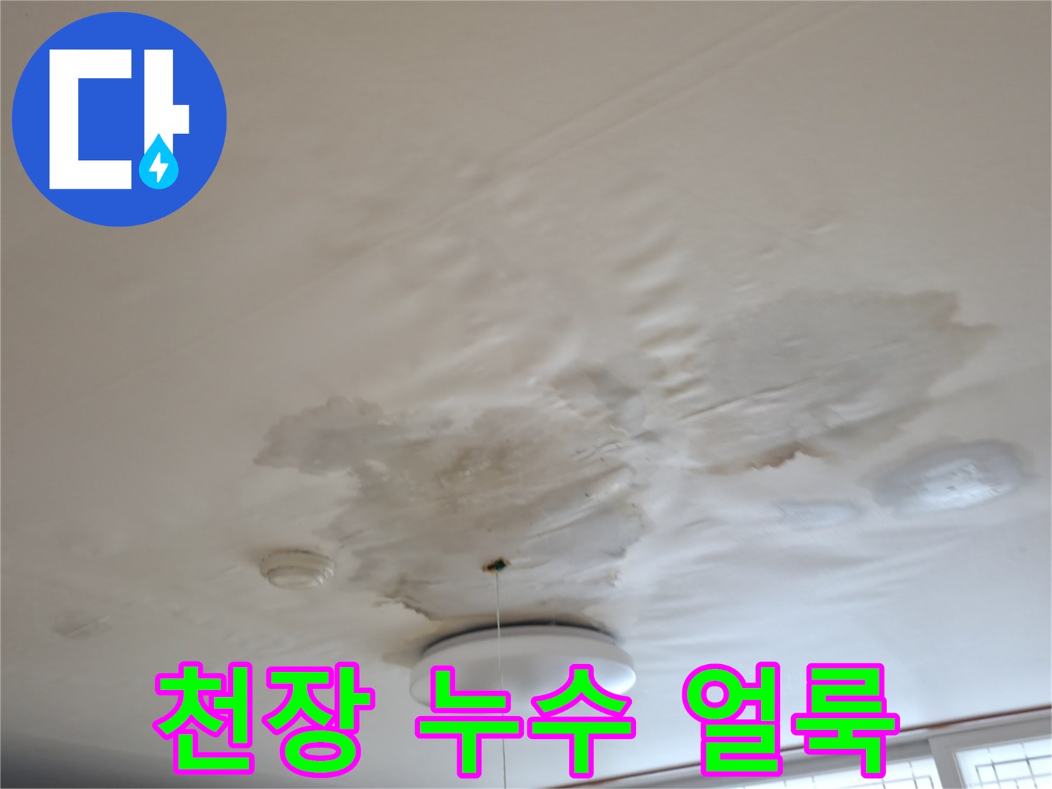 주방 천장 조명 근처의 물샘 흔적과 변색된 도배지