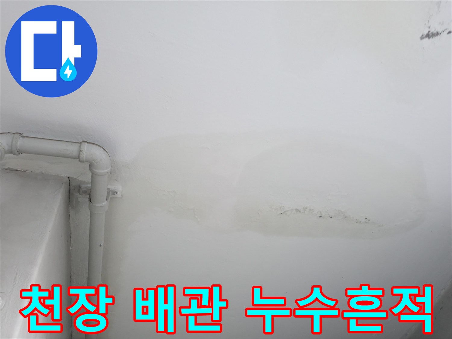 천장에 노출된 배관 주변의 젖은 얼룩과 변색 부위