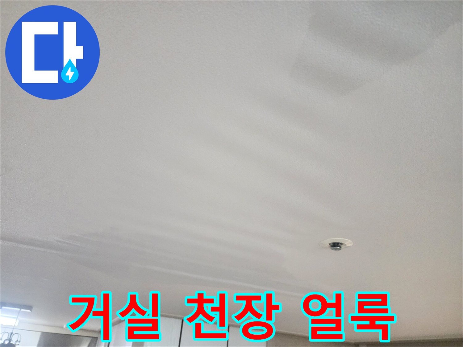 동대mun구 거실 천장에 발생한 누수 흔적과 얼룩 상태입니다.