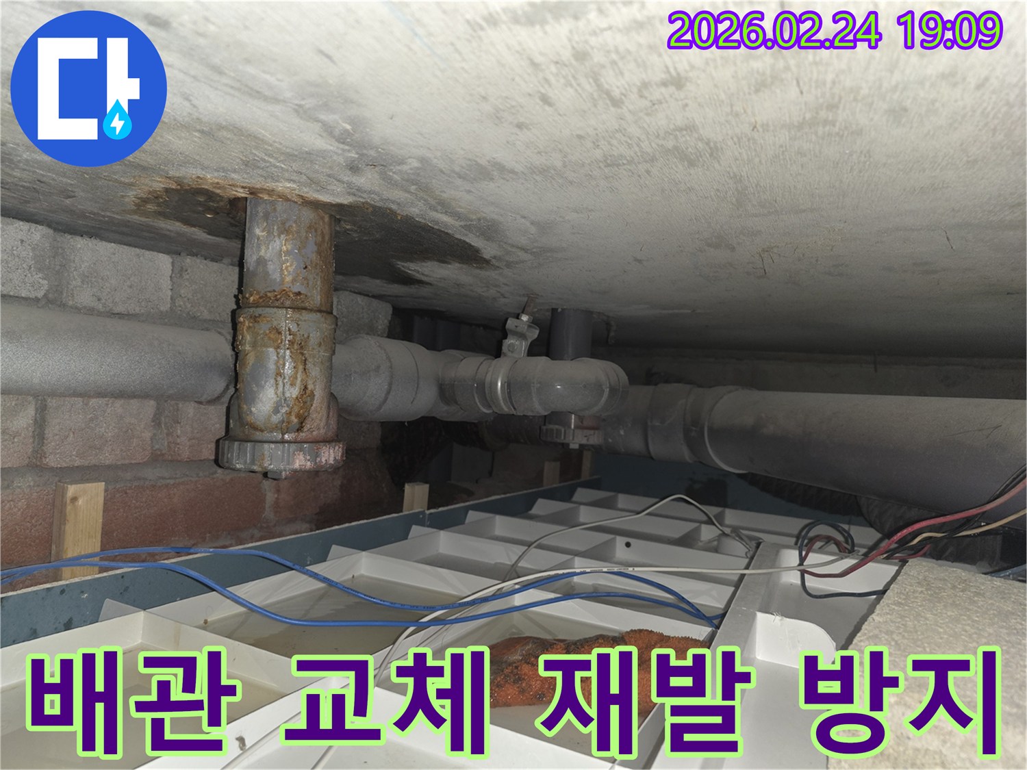 부식된 배관에서 물이 새어 나와 임시 물받이에 고인 물을 보여주는 누수 현장