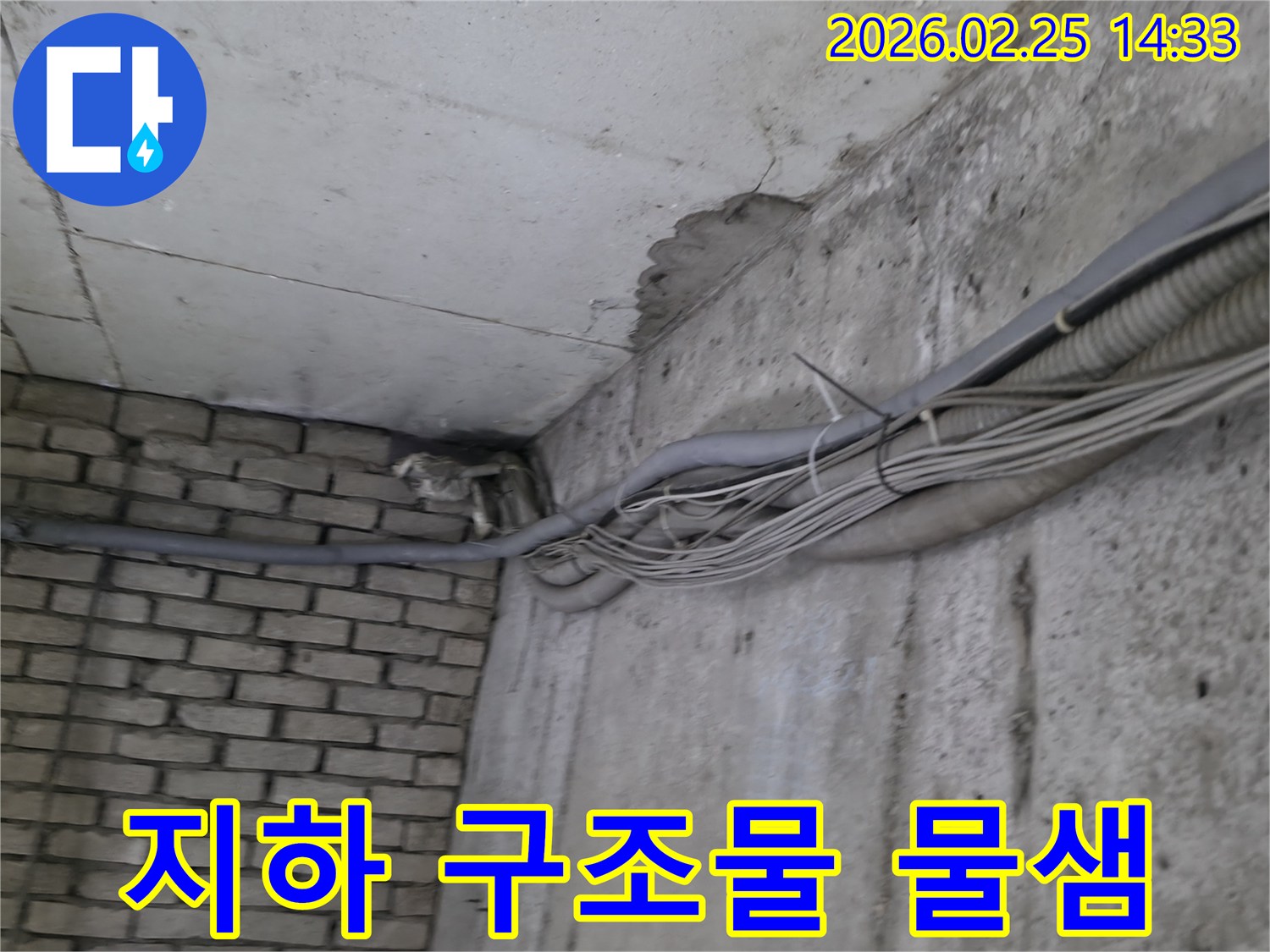 배관이 밀집된-지하 공간의-콘크리트 벽면에서-발견된-지속적인 누수로 인한-물자국과-벽면 손상