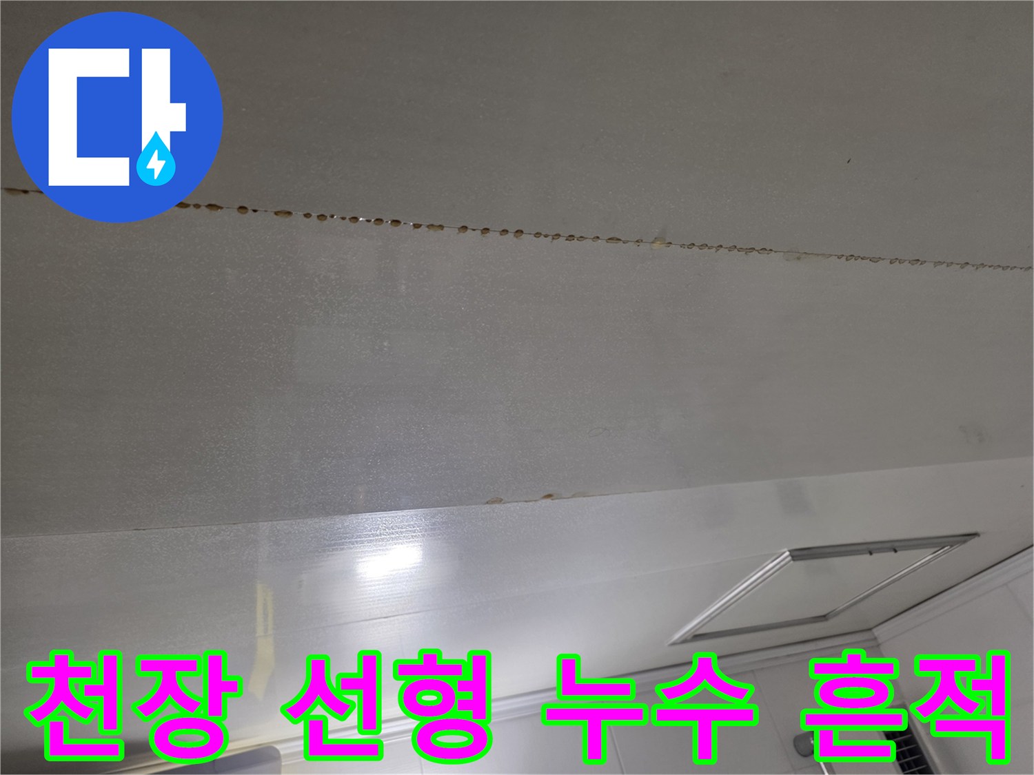 화장실 천장재를 가로지르는 길쭉한 형태의 누수 자국