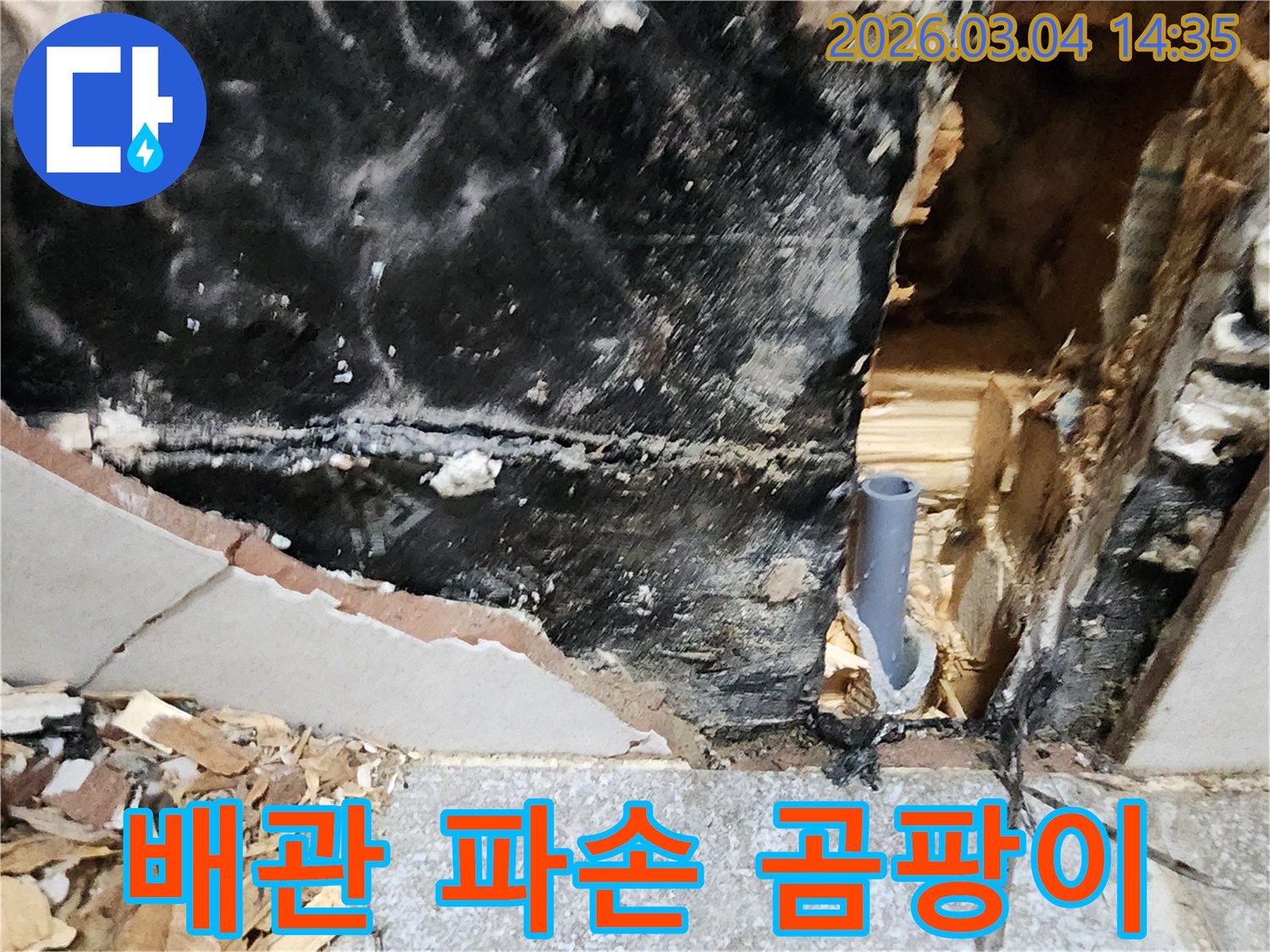벽을 개방하여 발견된-배관 파손과 곰팡이의 모습입니다