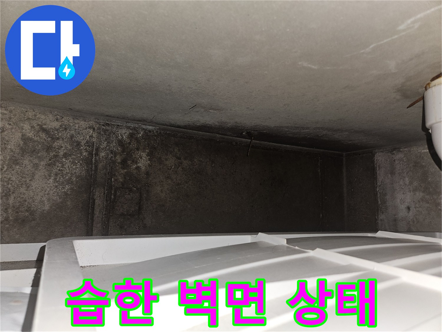 누수 증상이 나타난-거실 벽면의 곰팡이