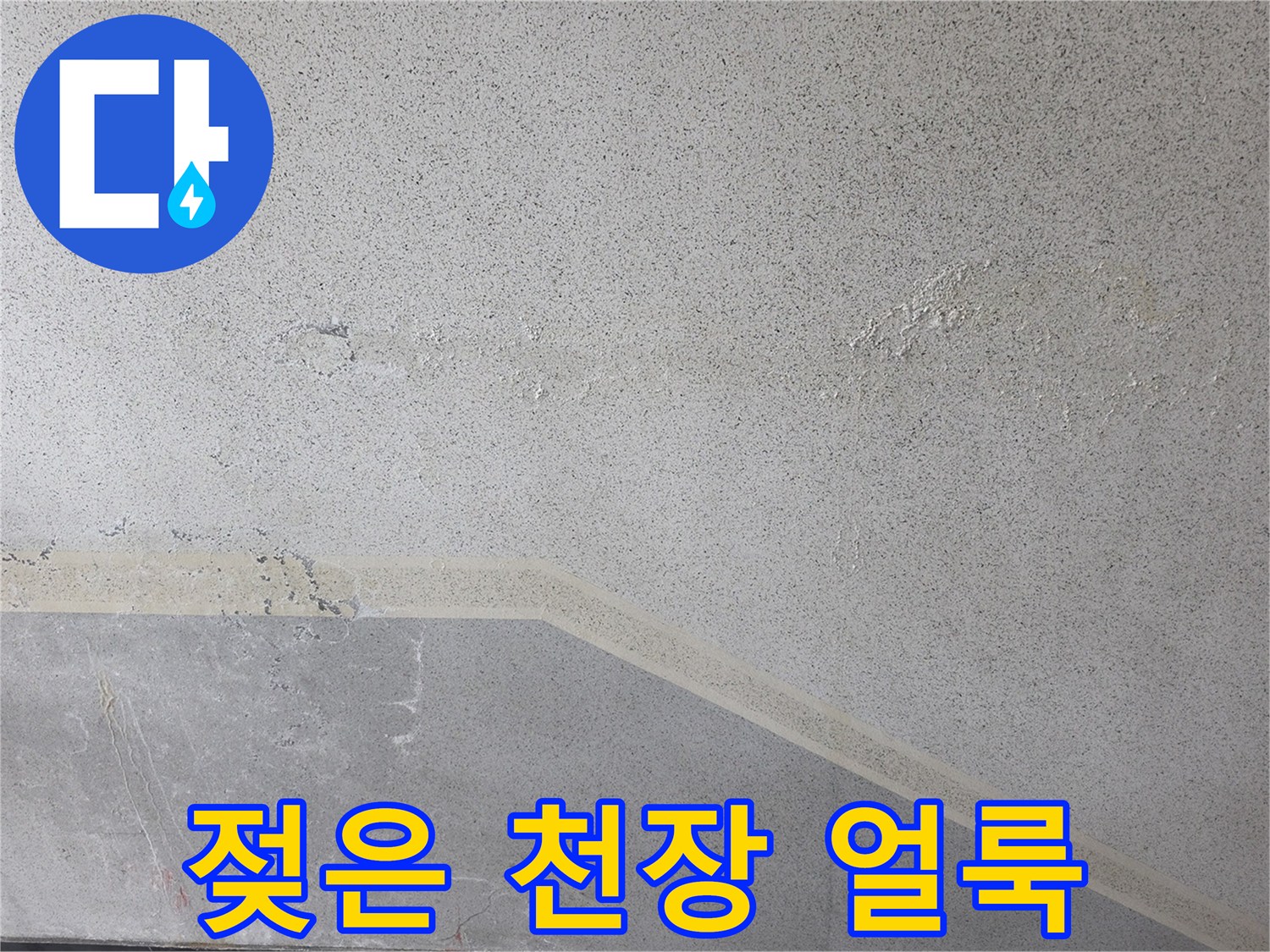 천장 모서리 부근의 누수 피해 흔적과 습기 맺힘 현상