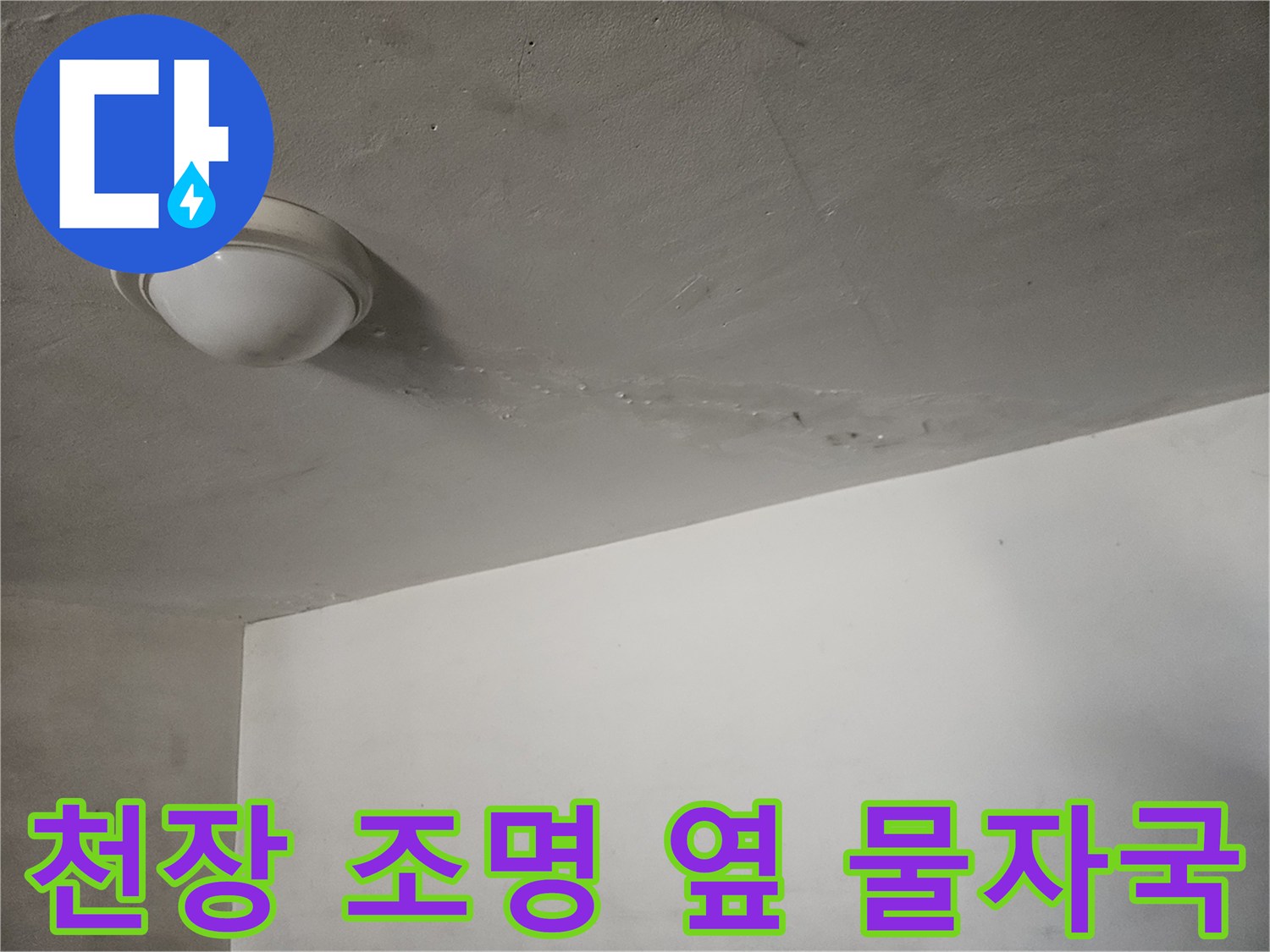 조명등 주변에 형성된 누수 침투 흔적
