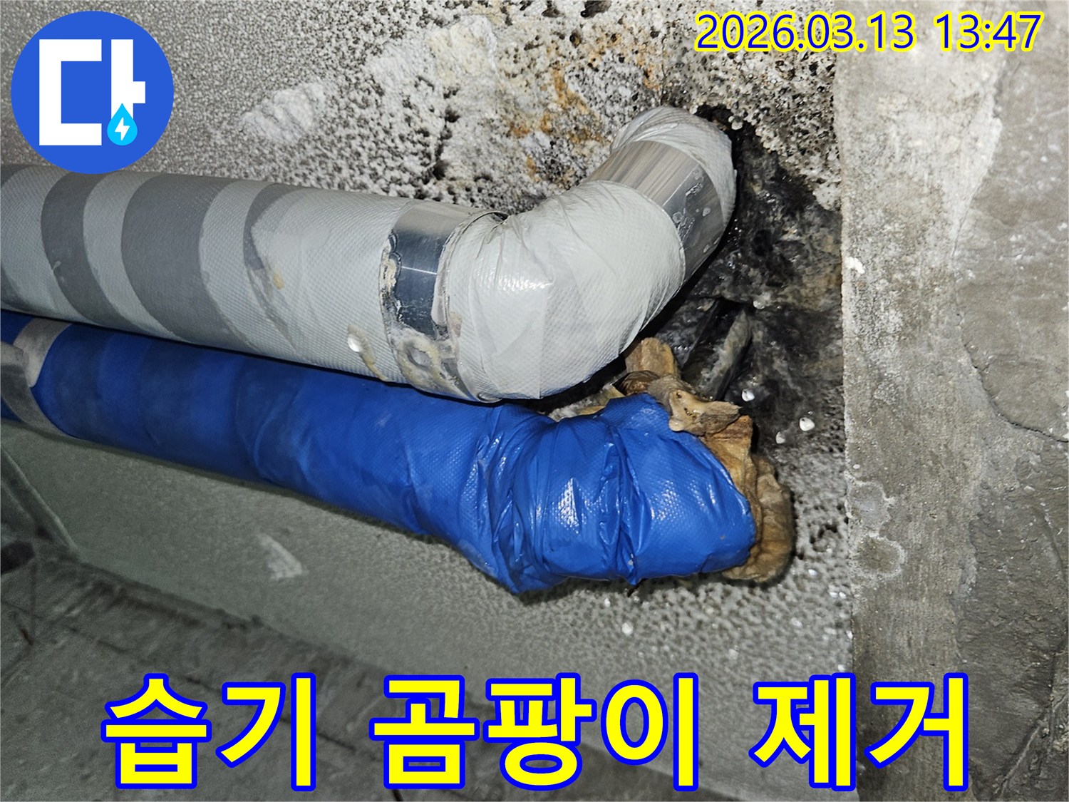 누수로-인해-배관-주변에-발생한-습기와-곰팡이를-제거하는-작업-전-모습