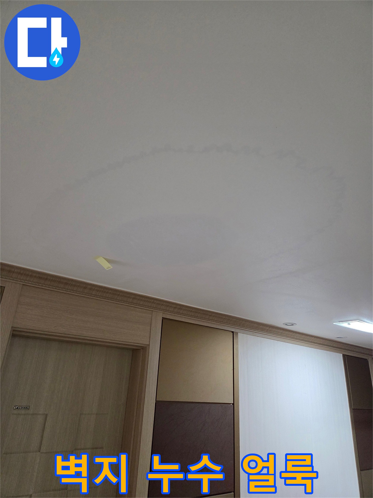 거실 천장 벽지에 넓게 퍼진 젖은 흔적과 물자국 현상